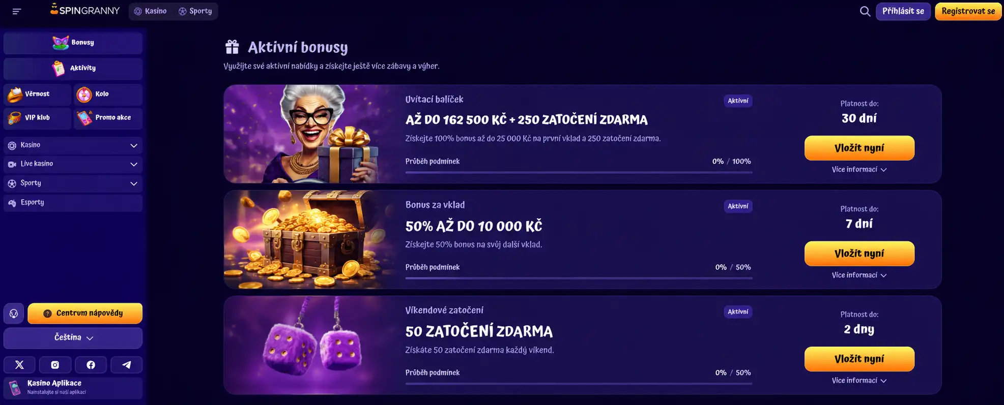Přehled bonusů v uživatelském účtu SpinGranny Casino