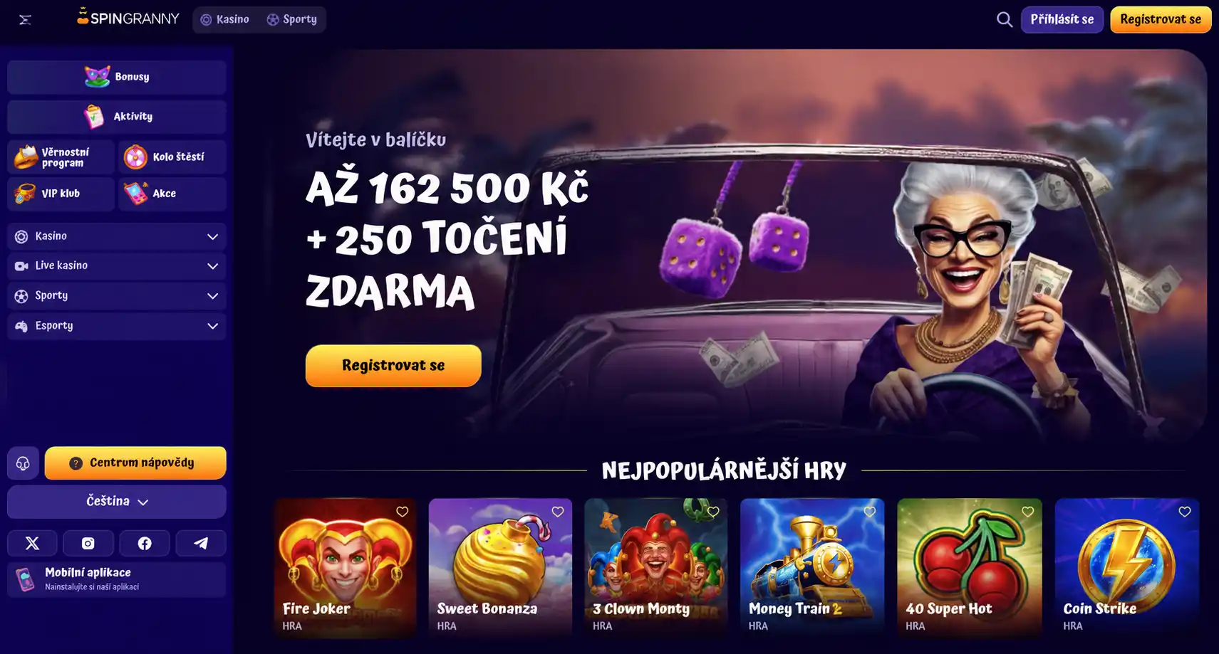 Hlavní stránka SpinGranny Casino s přepínáním sekcí Kasino a Sporty