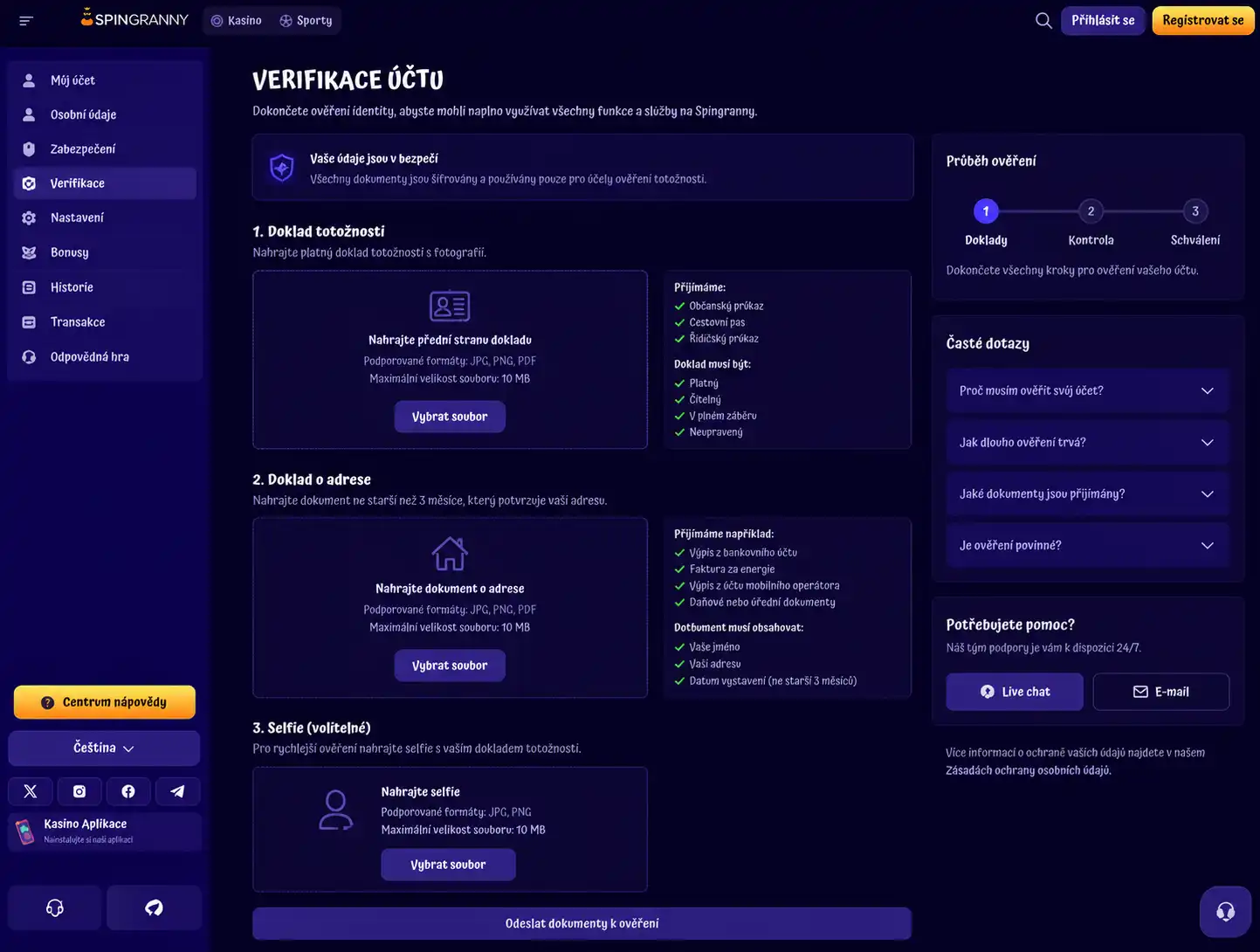 Stránka ověření účtu SpinGranny KYC verifikace
