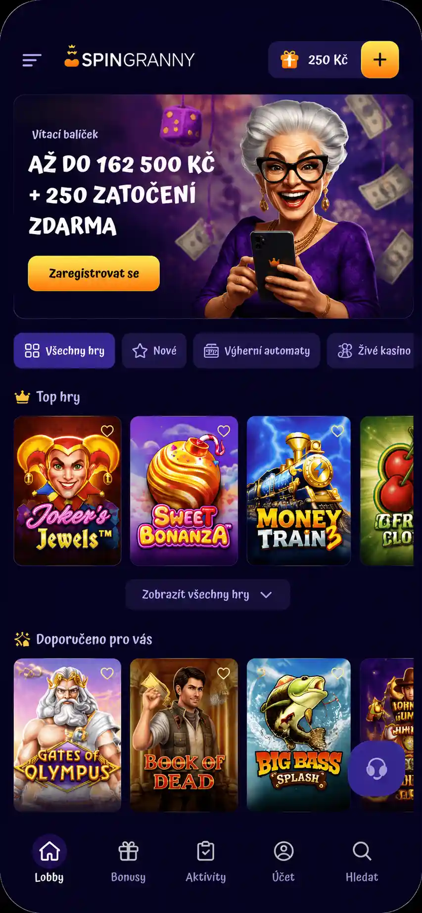 Mobilní rozhraní SpinGranny Casino na smartphonu