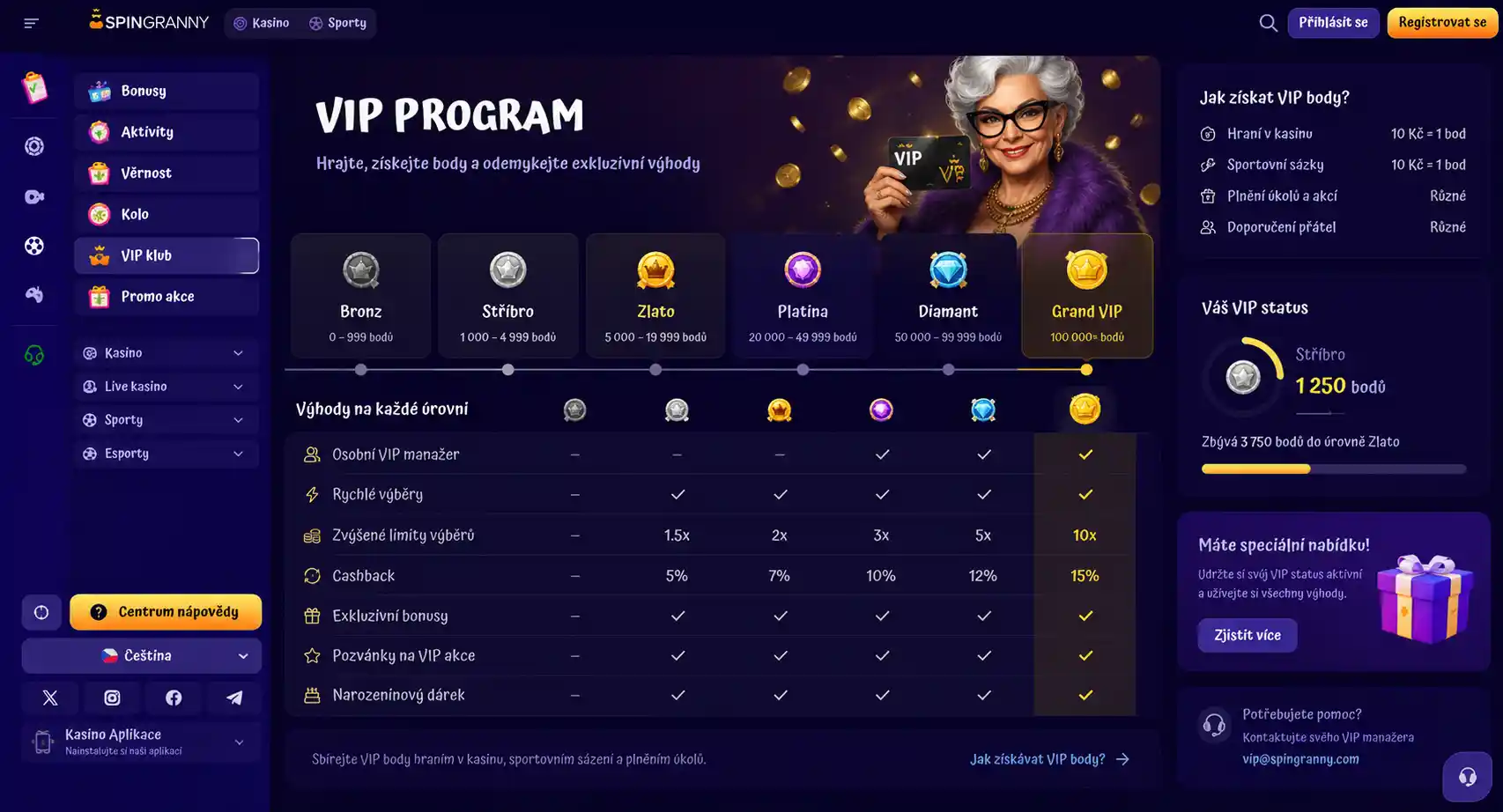 VIP program SpinGranny Casino s přehledem úrovní a výhod